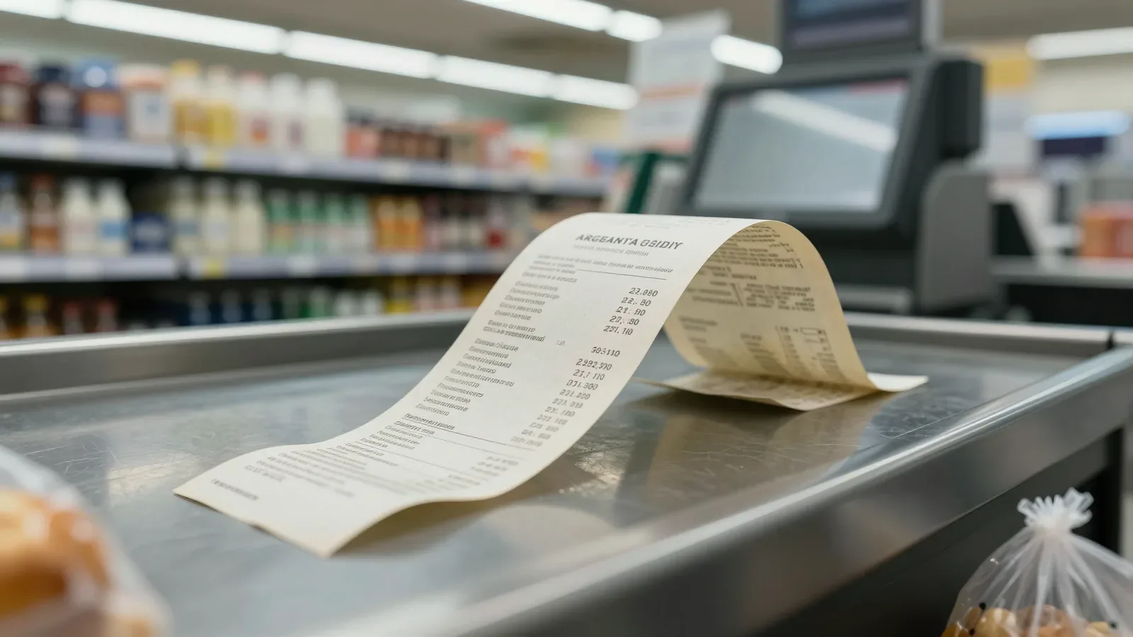 Recibo de supermercado en una cinta transportadora con estanterías desenfocadas al fondo.