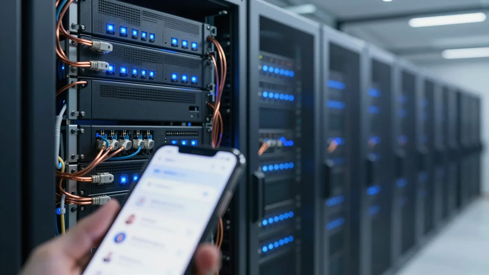 Primer plano de una mano sosteniendo un teléfono inteligente frente a servidores en un centro de datos con luces azules.