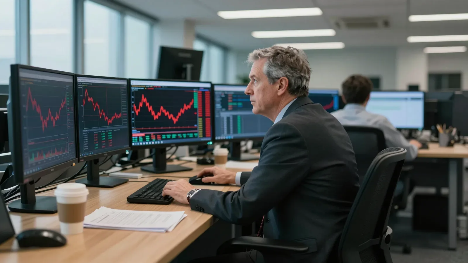 Hombre en traje frente a múltiples monitores mostrando gráficos financieros rojos.
