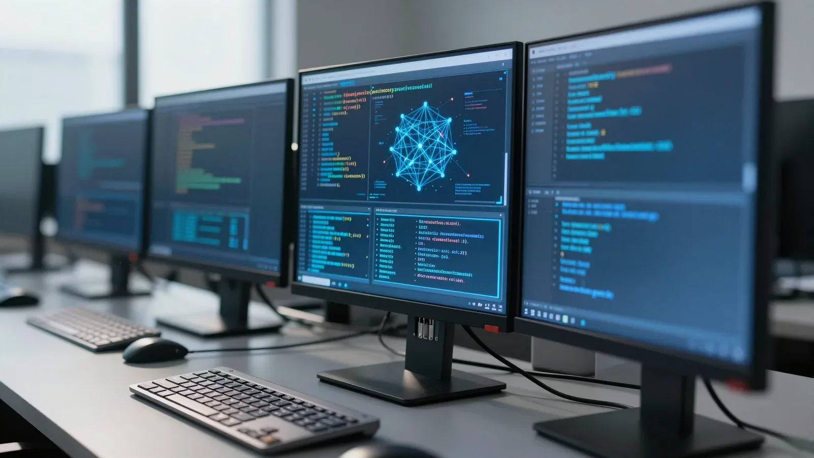 Estación de trabajo con múltiples monitores mostrando código de programación e interfaces de seguridad cibernética
