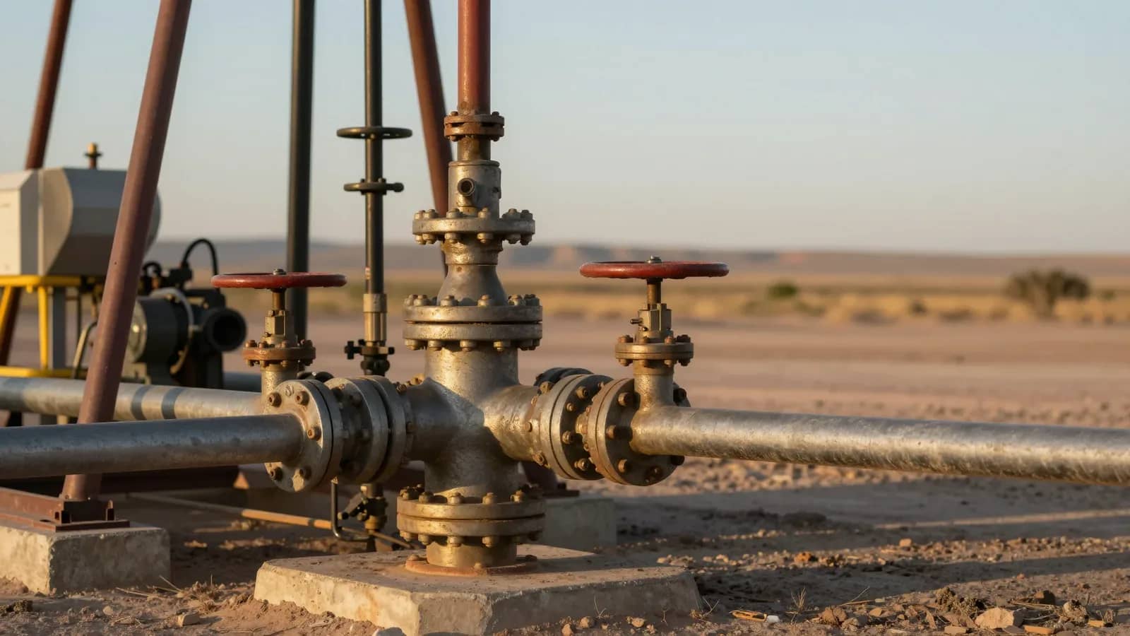 Equipamiento de perforación petrolera en el yacimiento de Vaca Muerta con válvulas y tuberías de metal en primer plano contra paisaje árido de la Patagonia