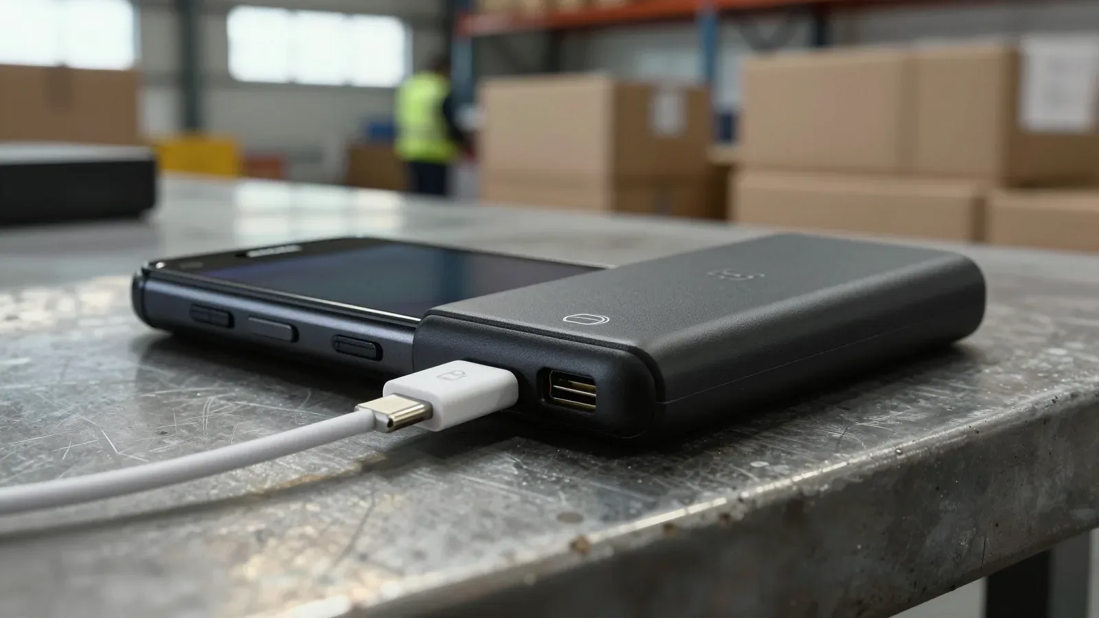 Primer plano de un teléfono móvil negro con teclado físico conectado a un cable USB-C blanco sobre una mesa metálica.