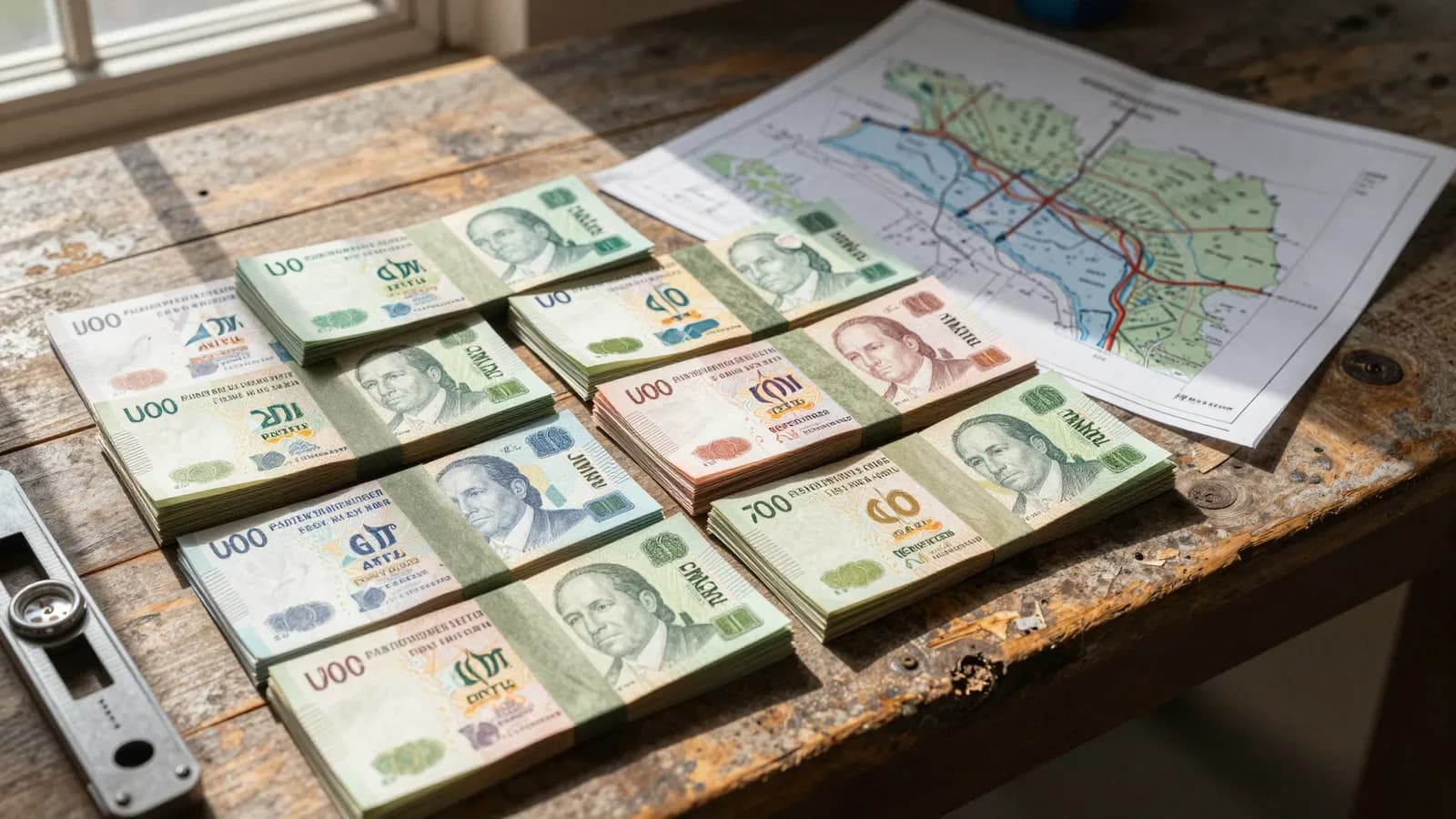 Billetes de soles peruanos organizados en pilas sobre una mesa de madera rústica junto a un mapa de Cusco