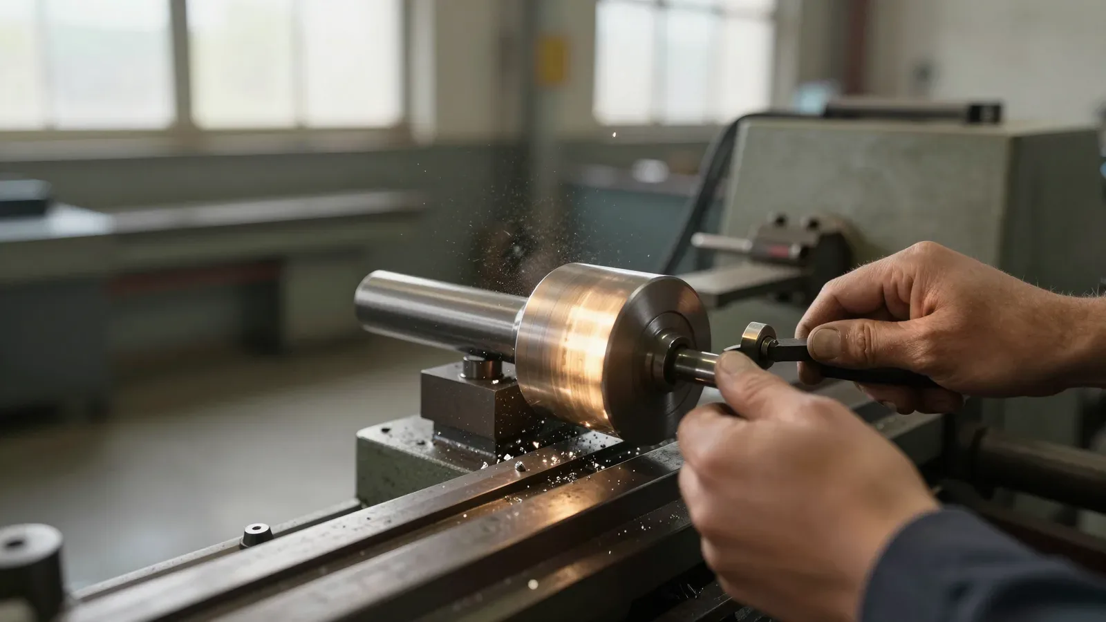 Trabajador operando un torno metalúrgico en una fábrica, realizando trabajo de precisión en metales.