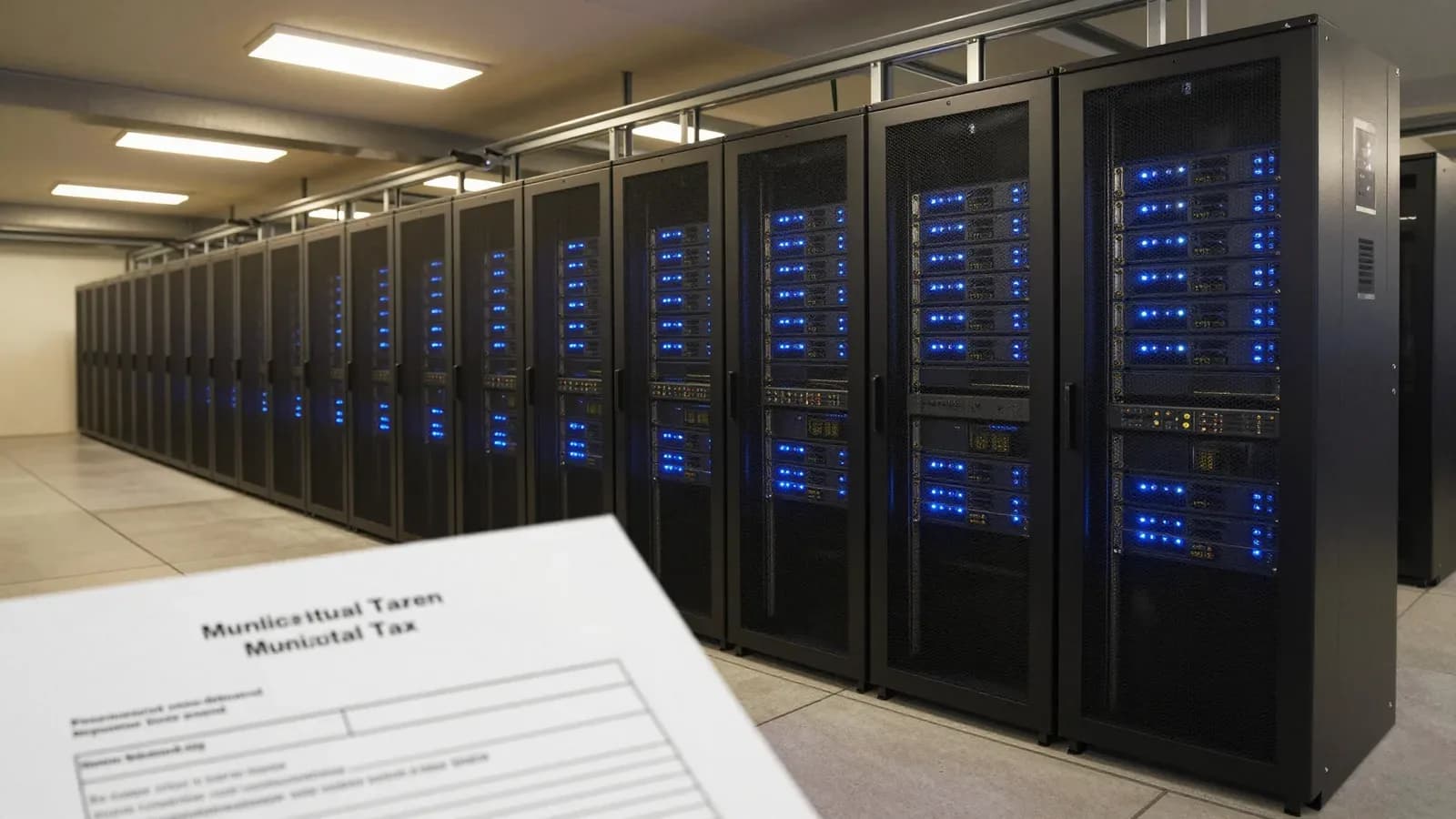 Centro de datos con servidores activos y documento fiscal en primer plano