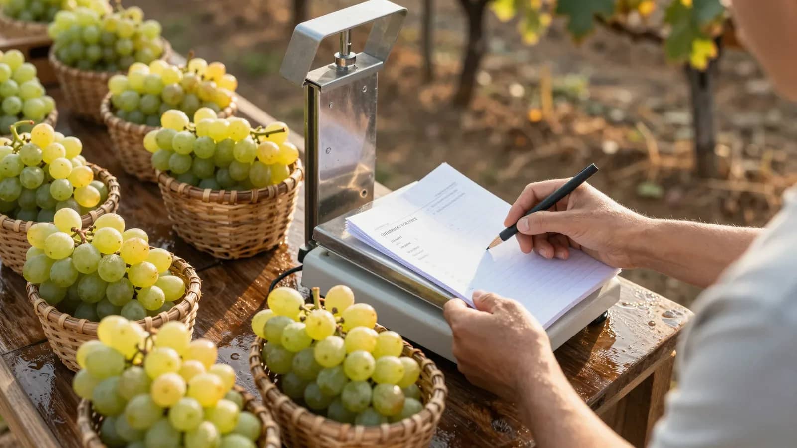 Persona sosteniendo un documento y escribiendo con una pluma, rodeada de uvas blancas frescas en canastas de mimbre sobre una mesa de madera en un viñedo
