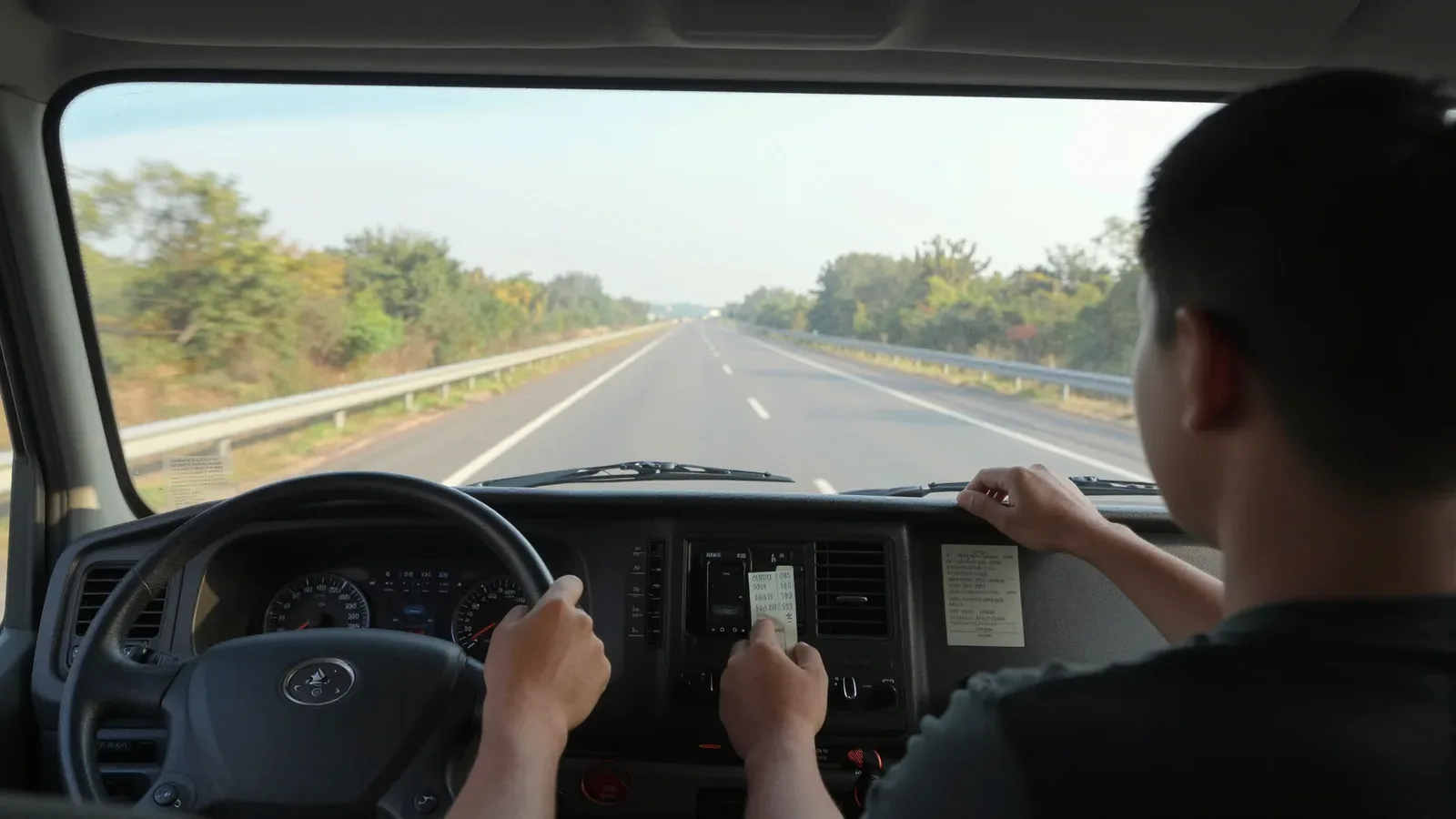 Conductor de camión en ruta viendo documento en el tablero mientras conduce por autopista