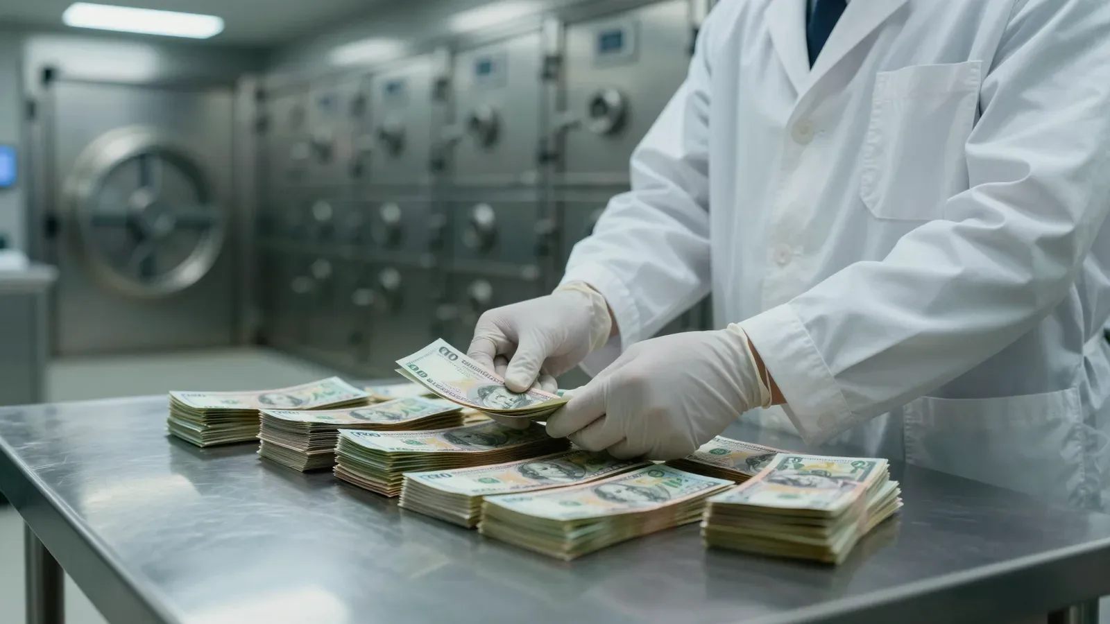 Manos con guantes blancos manipulan fajos de billetes sobre una mesa metálica frente a cajas fuertes.