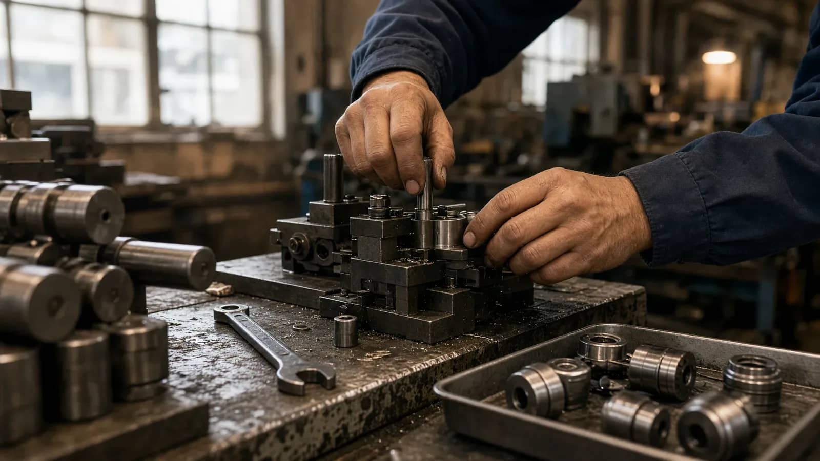 Manos de un trabajador industrial manipulando componentes metálicos en una prensa o máquina herramienta dentro de una planta manufacturera