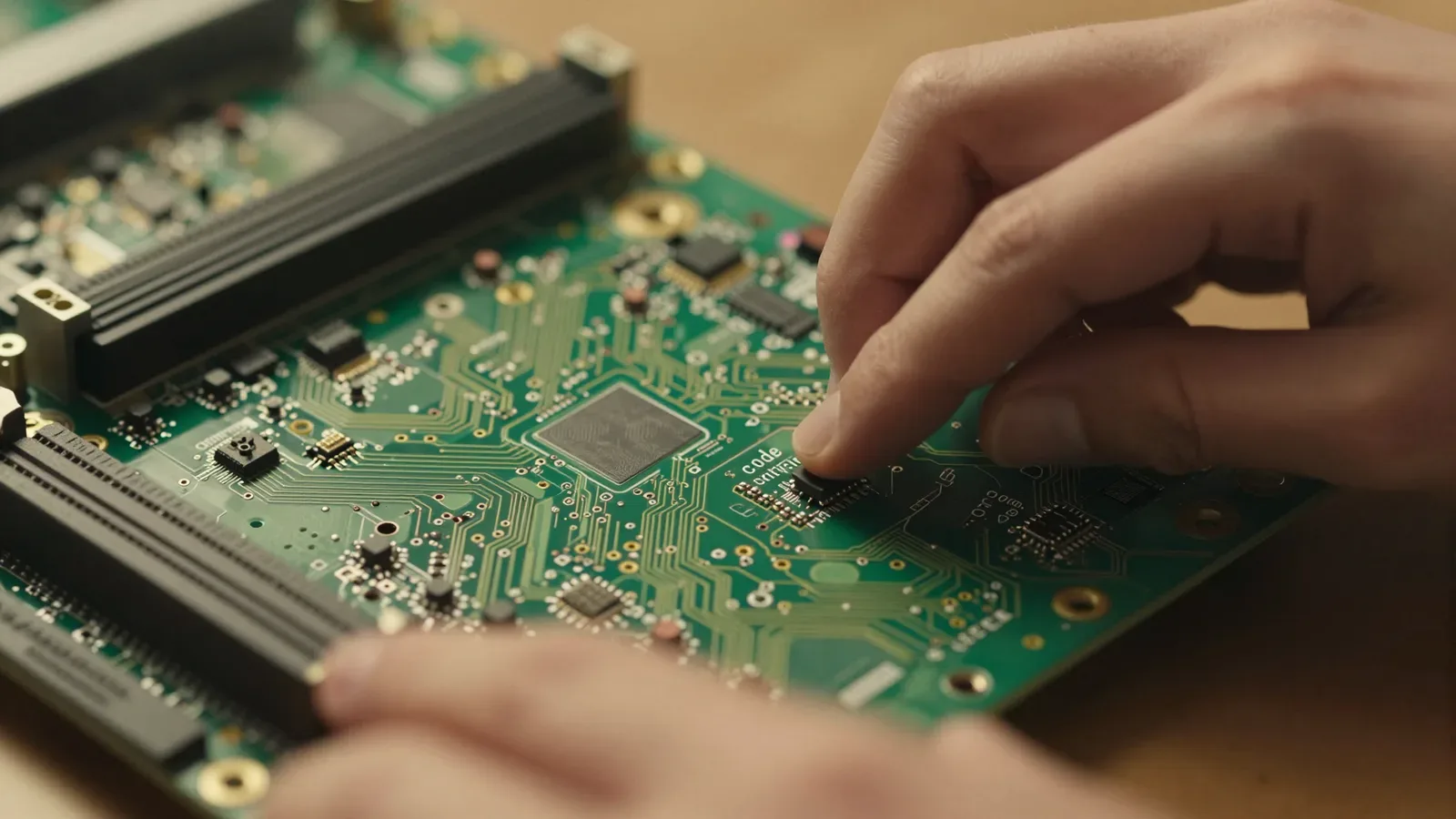 Manos de un ingeniero ajustando un componente en una placa base verde de un ordenador.