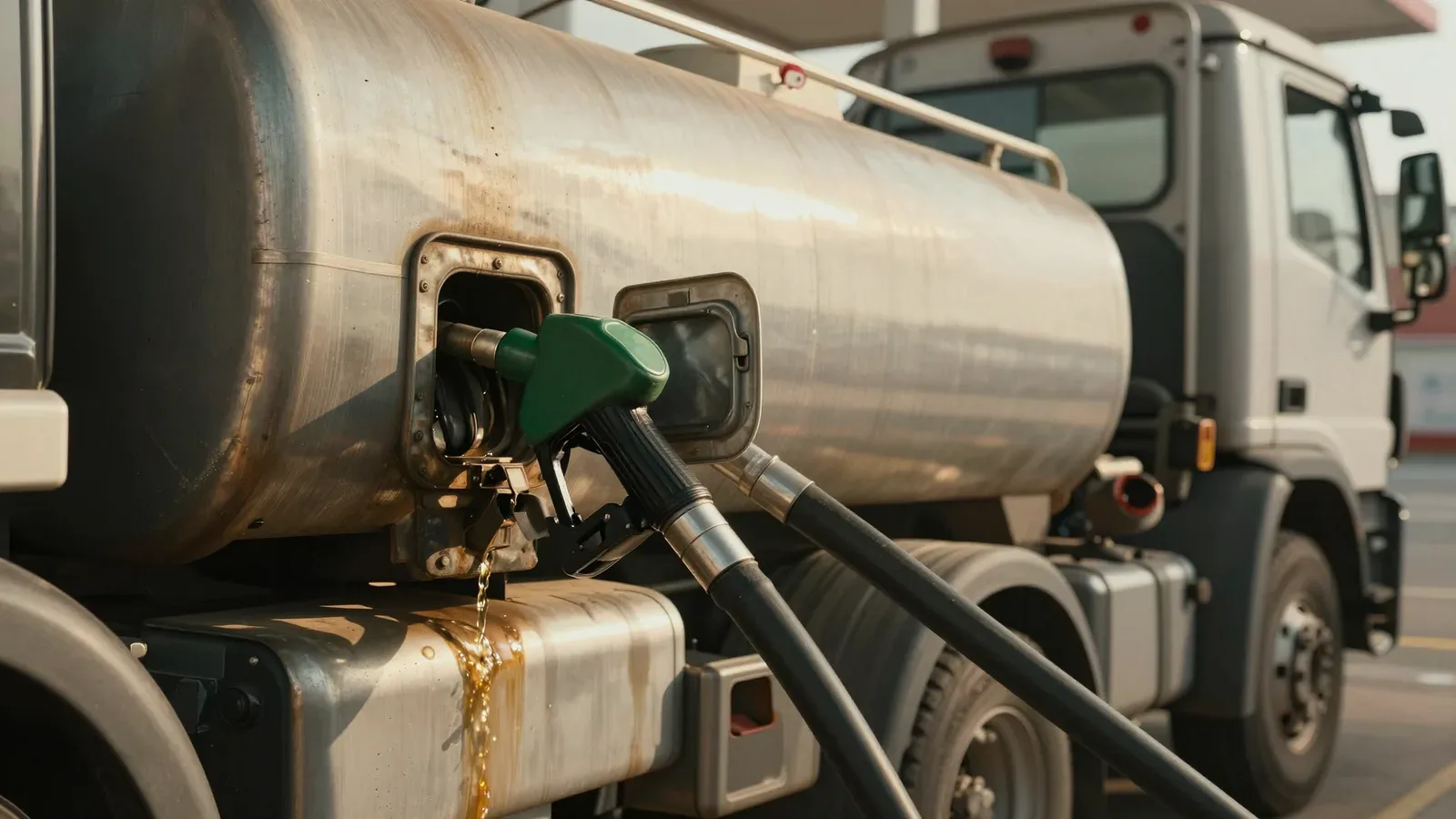 Primer plano de una manguera de combustible verde insertada en el tanque lateral de un camión cisterna metálico.