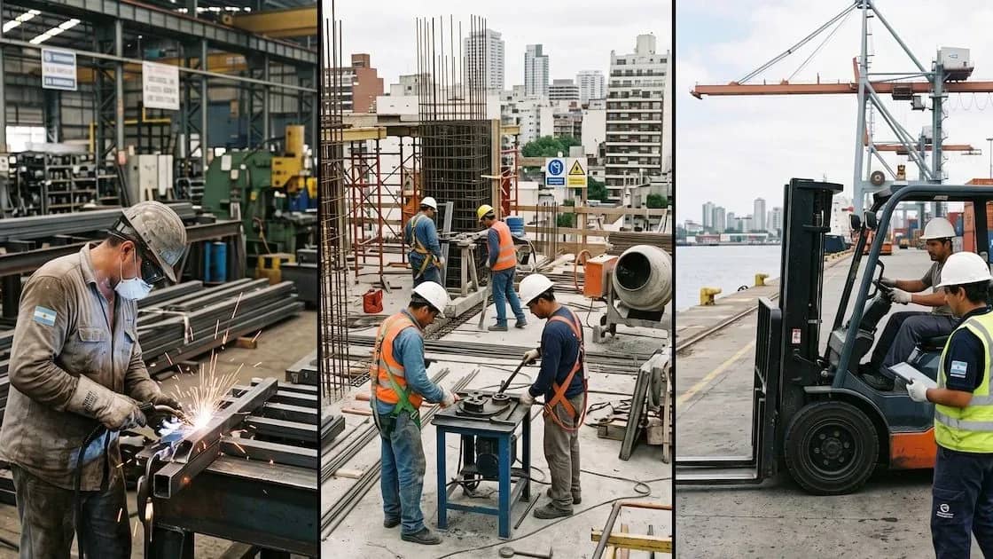 Collage de tres escenas de trabajo industrial: soldador en fábrica, construcción en obra con múltiples trabajadores, y operador de montacargas en puerto.