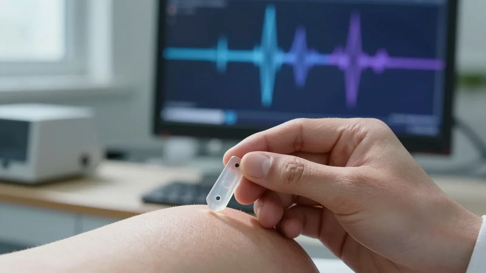 Mano sosteniendo un dispositivo de interfaz neural mientras pantalla muestra ondas cerebrales en colores azul y púrpura