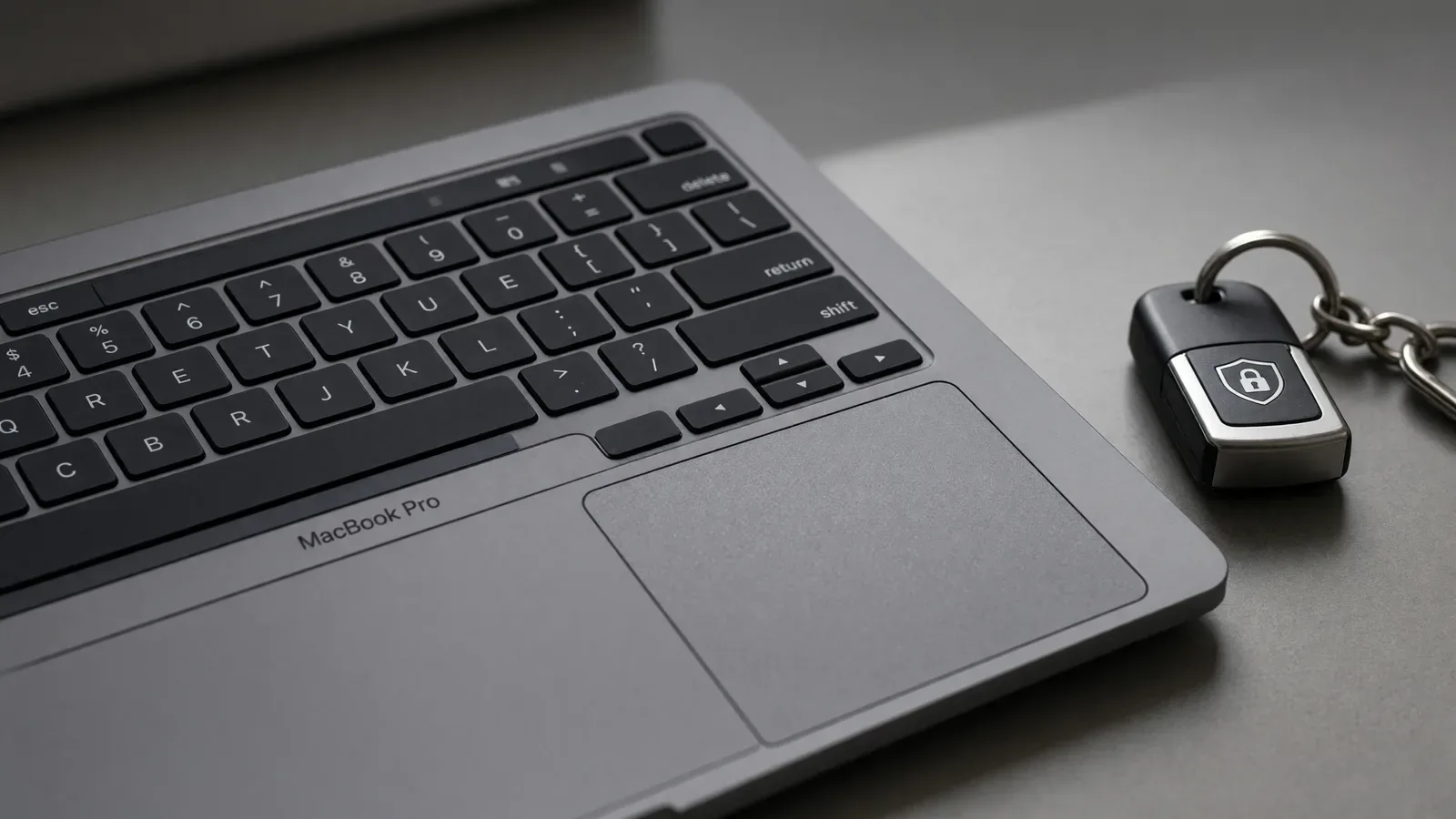 MacBook Pro con llavero de seguridad con icono de candado sobre escritorio gris