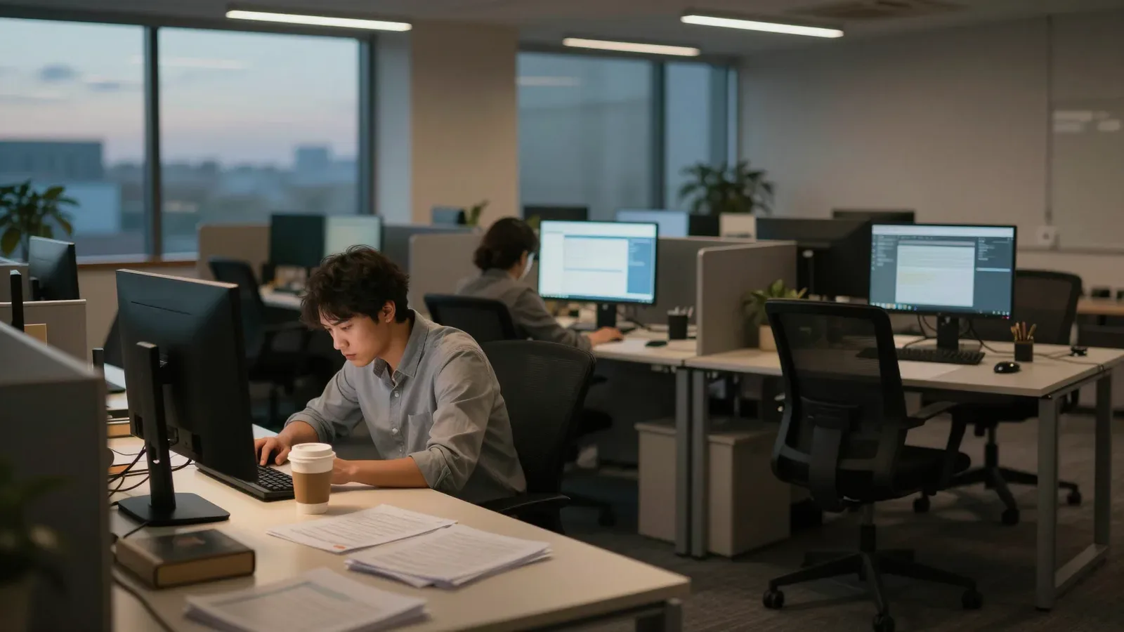Oficina moderna con empleados trabajando en computadoras durante jornada laboral intensiva