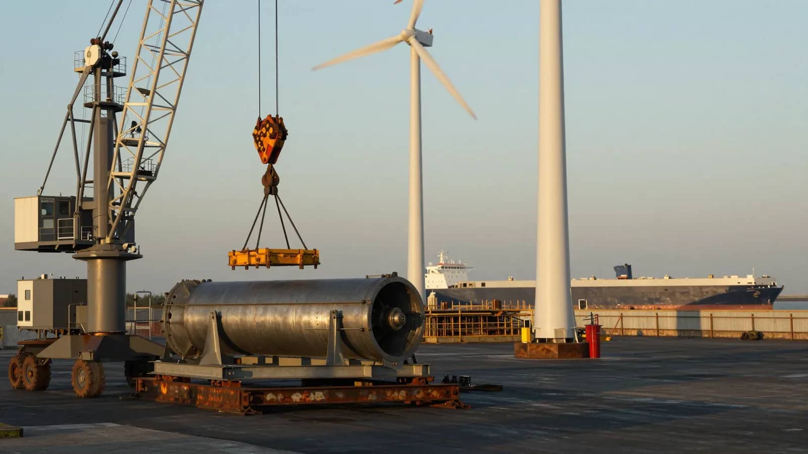 Grúa portuaria izando un componente de aerogenerador junto a otros ya instalados en el muelle.