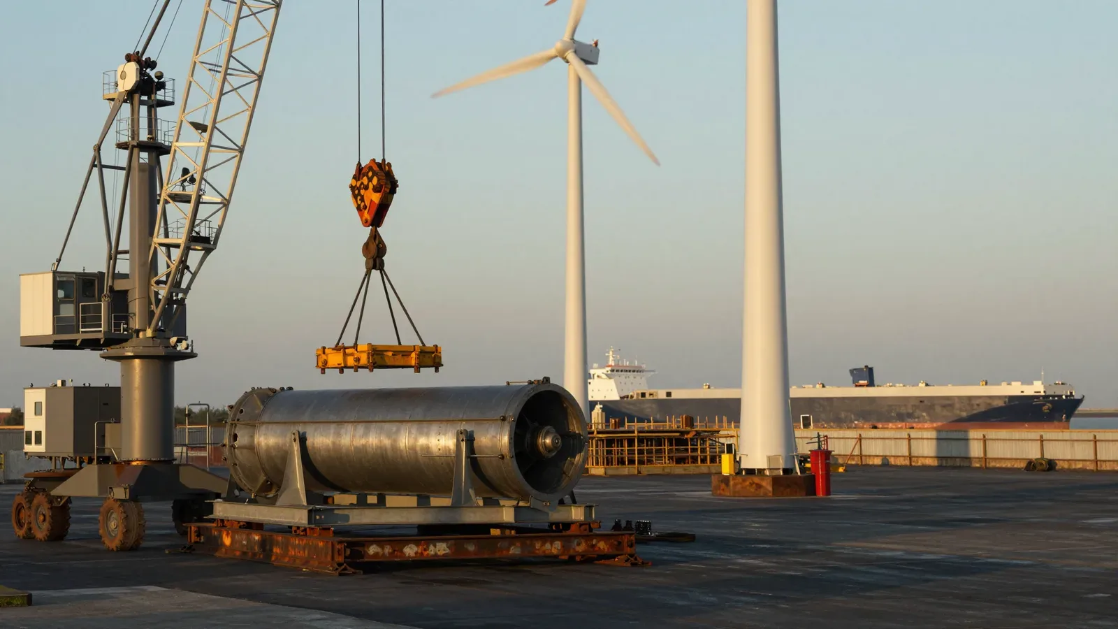 Grúa portuaria izando un componente de aerogenerador junto a otros ya instalados en el muelle.