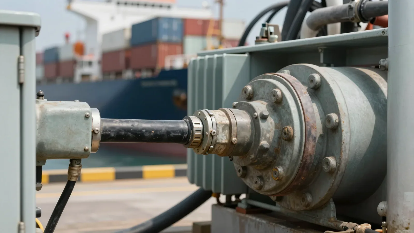 Conector de manguera industrial para sistemas de energía o combustible en un entorno portuario.