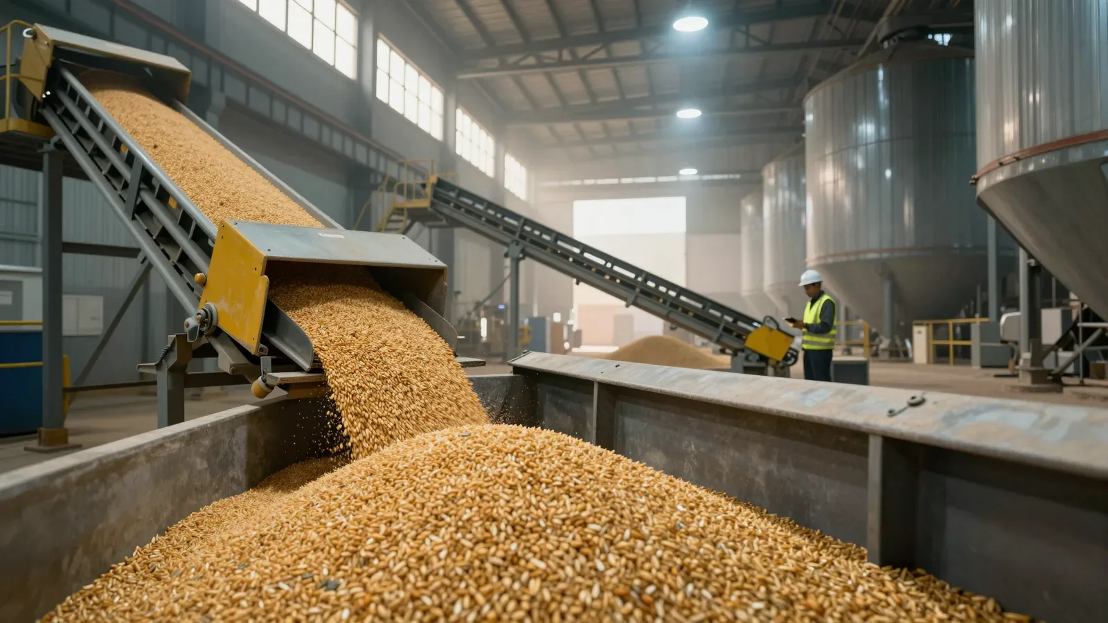 Grano de trigo cayendo en una cinta transportadora dentro de un silo industrial con un trabajador al fondo.