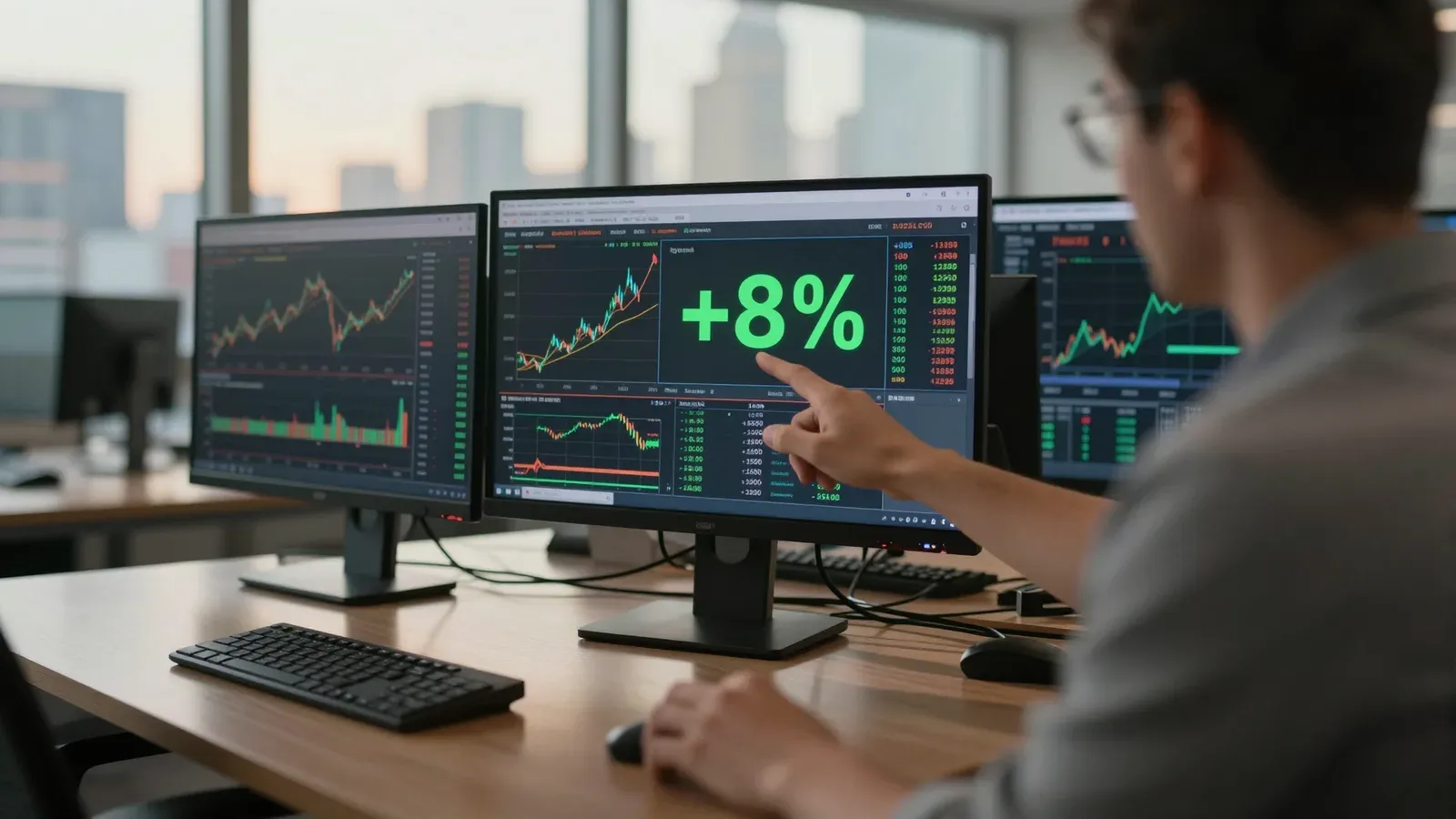 Operador señala gráfico de mercado con subida del 8% en múltiples pantallas de trading