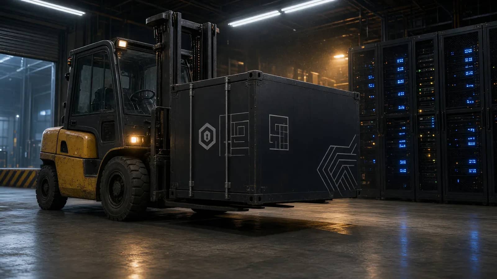 Un montacargas amarillo transporta un gran contenedor negro con logotipos abstractos en blanco dentro de una instalación industrial oscura con servidores iluminados por luces azule