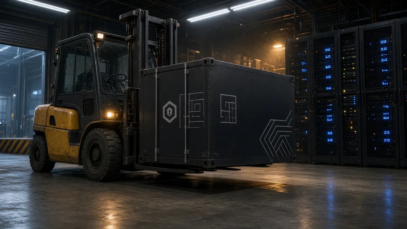 Un montacargas amarillo transporta un gran contenedor negro con logotipos abstractos en blanco dentro de una instalación industrial oscura con servidores iluminados por luces azule