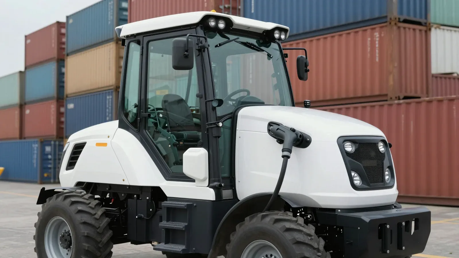 Tractor de patio blanco conectado a un cargador eléctrico con contenedores de puerto apilados al fondo.