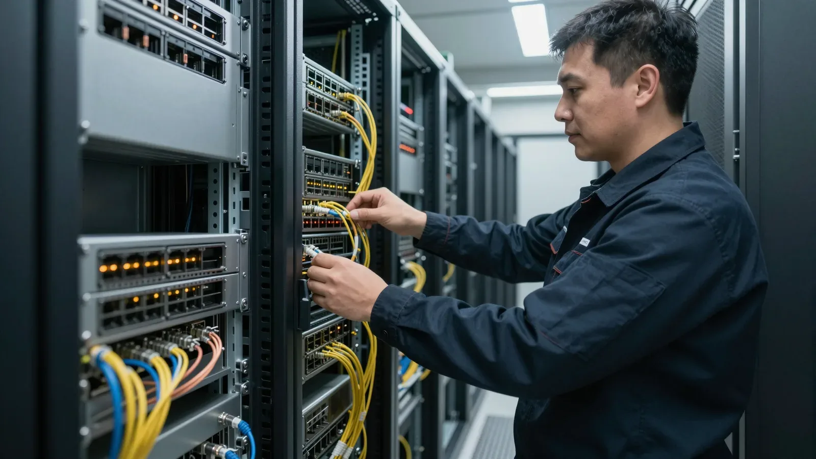 Técnico trabajando en un servidor en una sala de datos