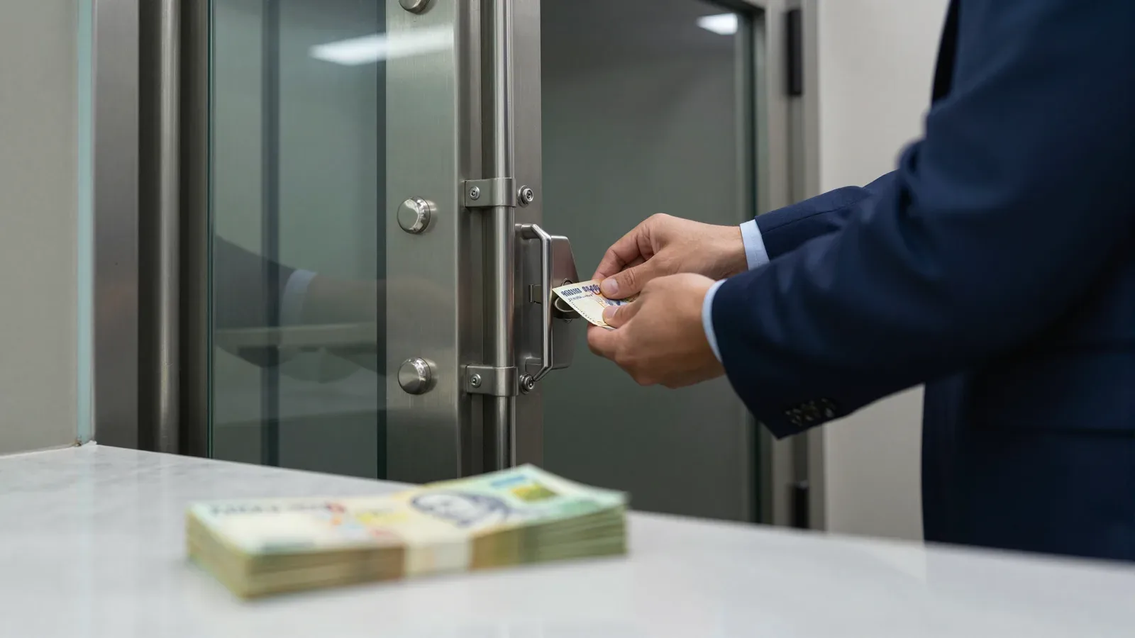 Persona en traje entregando un billete a través de una ventanilla de seguridad con un fajo de dinero sobre el mostrador.