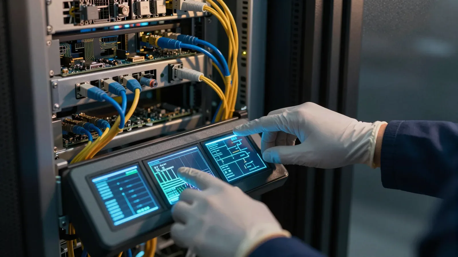 Técnico con guantes blancos operando dispositivo de monitoreo con pantallas azules frente a servidor de red con cables amarelos y azules