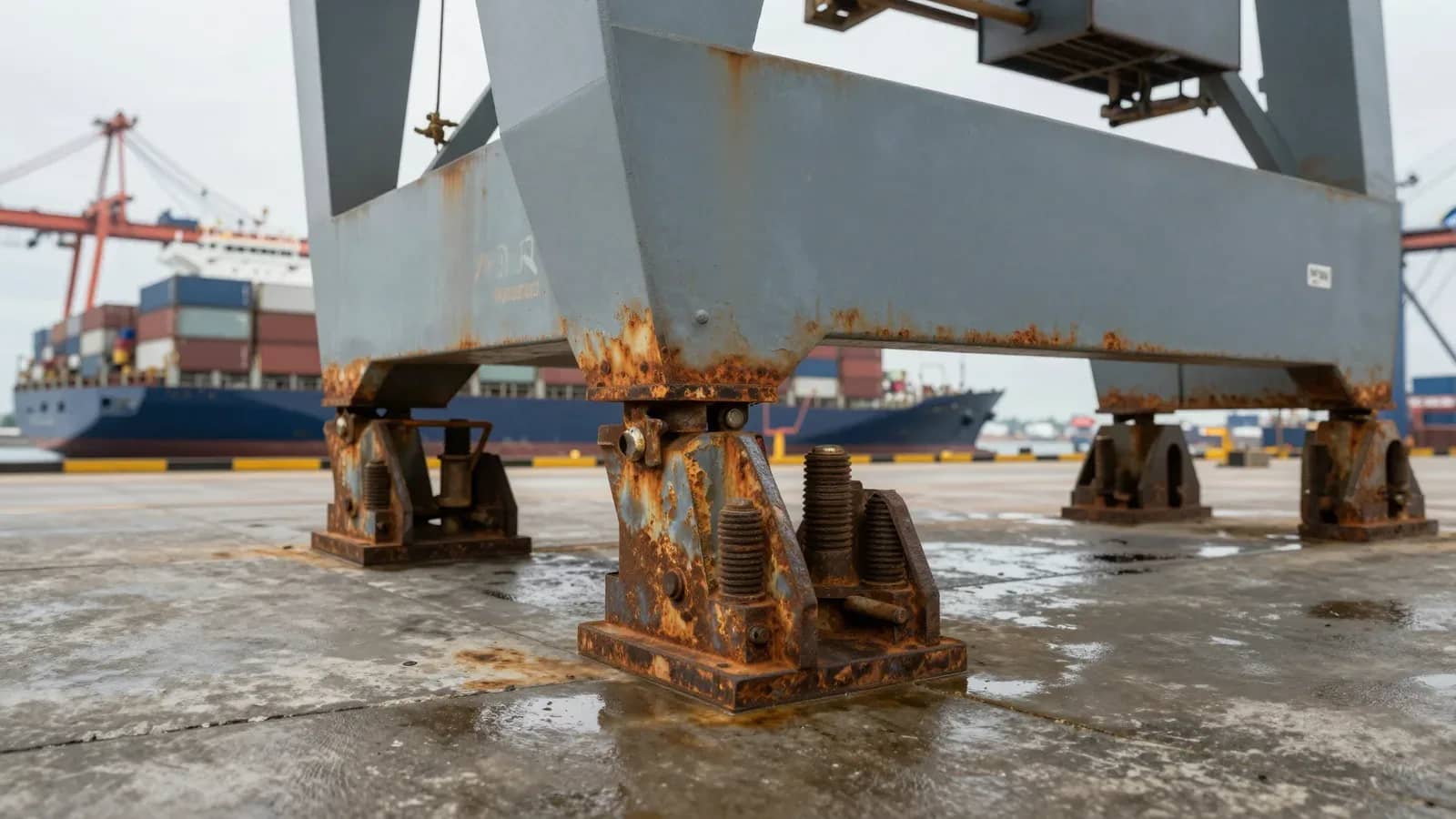 Primer plano de la base oxidada de una grúa portuaria con un buque portacontenedores al fondo.