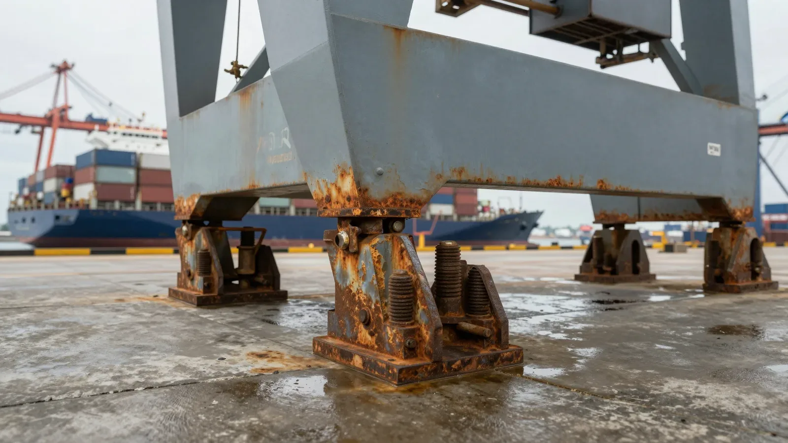 Primer plano de la base oxidada de una grúa portuaria con un buque portacontenedores al fondo.