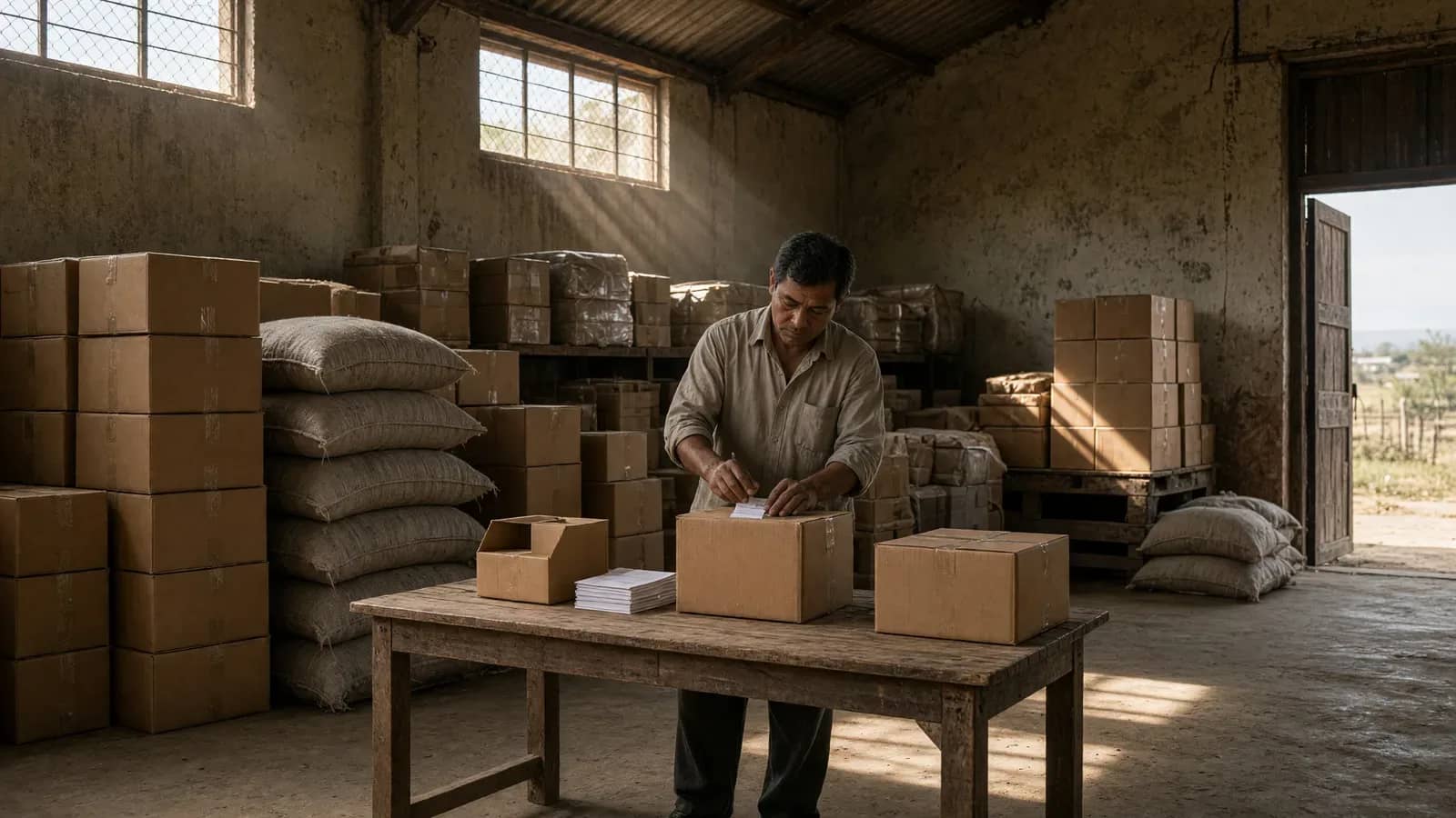 Un hombre trabaja en un almacén con cajas de cartón y sacos apilados bajo la luz del sol.