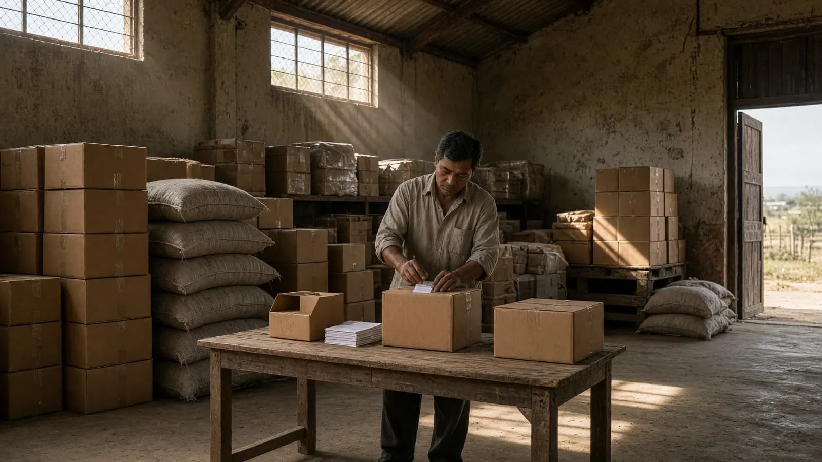 Un hombre trabaja en un almacén con cajas de cartón y sacos apilados bajo la luz del sol.