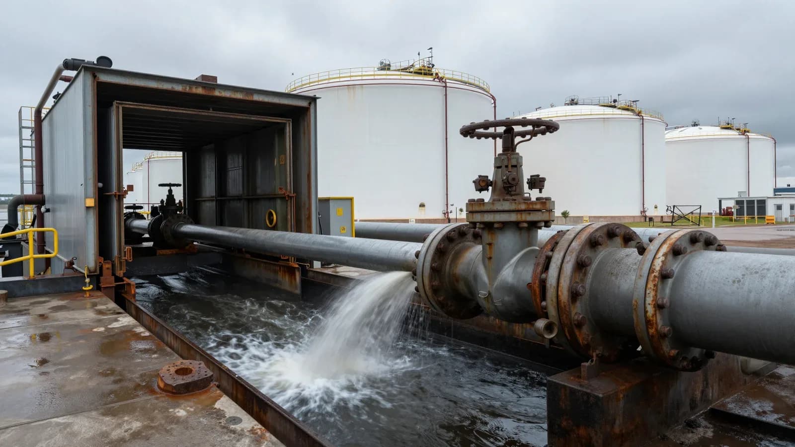 Fotografía de una industria petrolera con un tanque de almacenamiento y tuberías con una fuga de agua, bajo un cielo nublado.