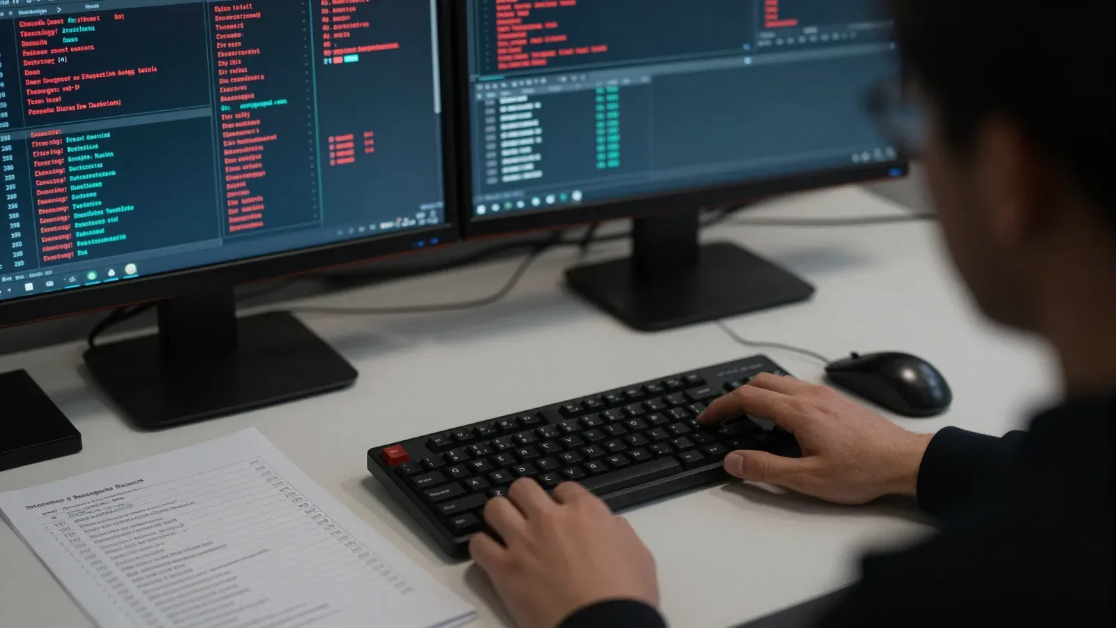 Profesional de ciberseguridad monitoreando código y datos en múltiples pantallas durante análisis de amenazas de phishing