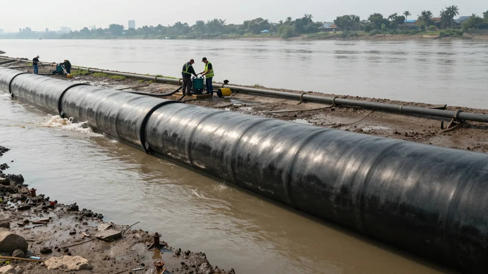Trabajadores con chalecos reflectantes instalan una gran barrera negra de contención contra inundaciones en la orilla de un río.