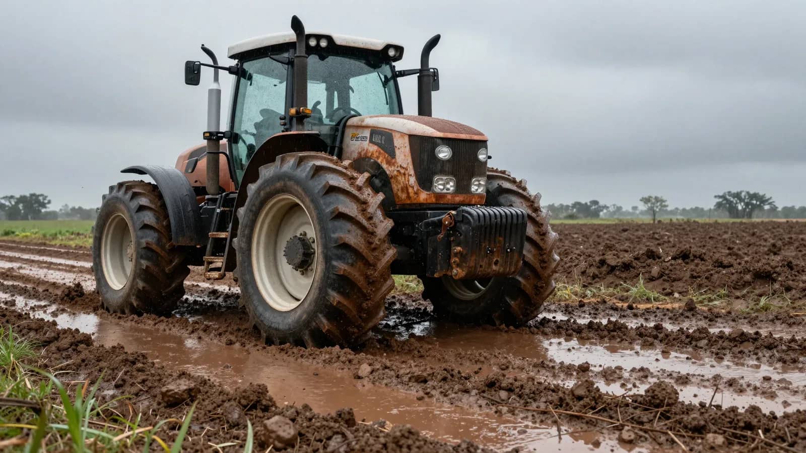 Tractor trabajando en un campo de Córdoba con suelo anegado bajo un cielo gris y nublado.