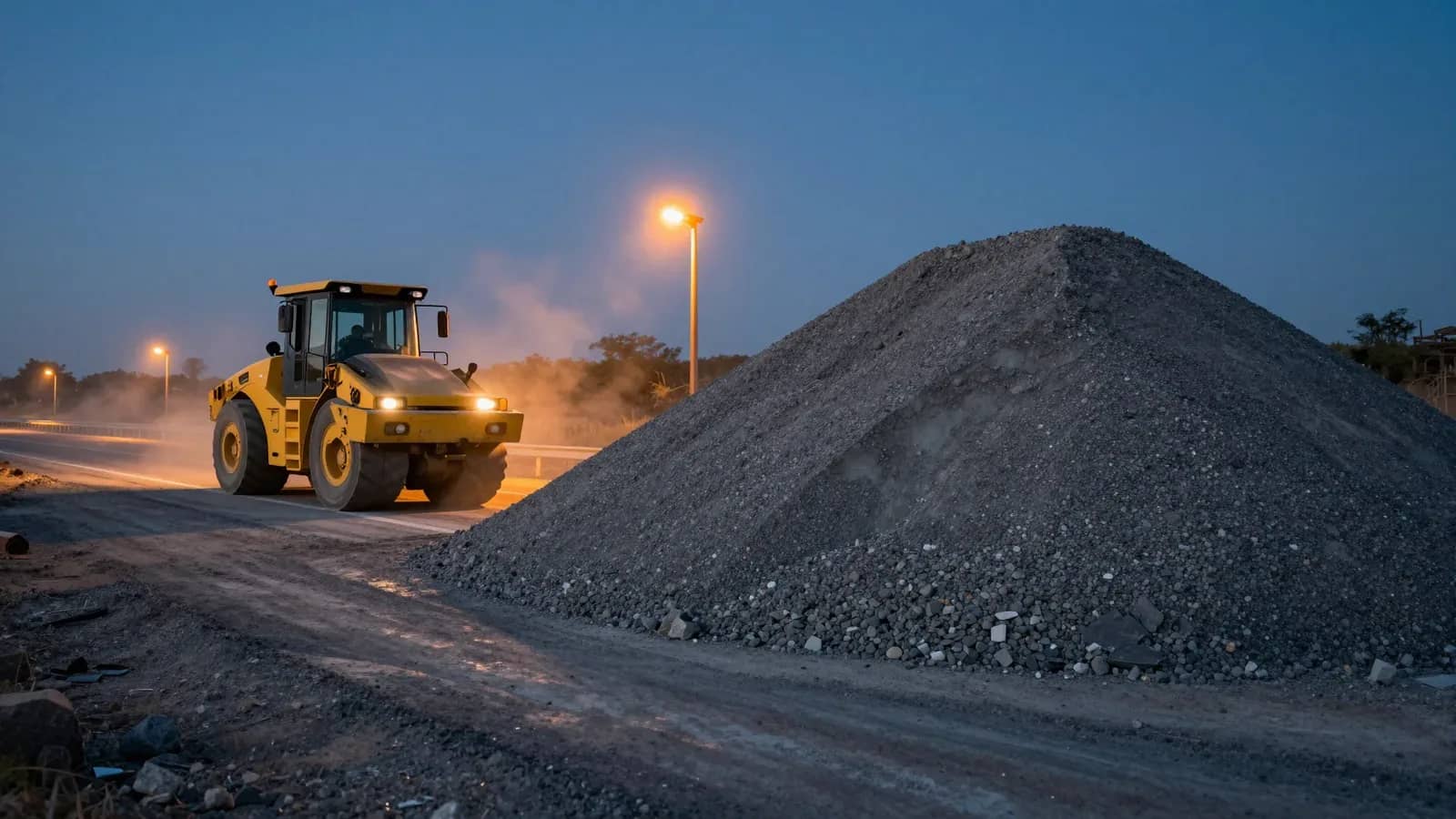 Maquinaria amarilla operando junto a un gran montón de grava en una obra vial al atardecer.