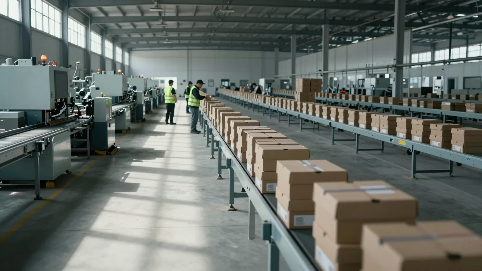 Interior de una planta industrial con operarios y una cinta transportadora llena de cajas.