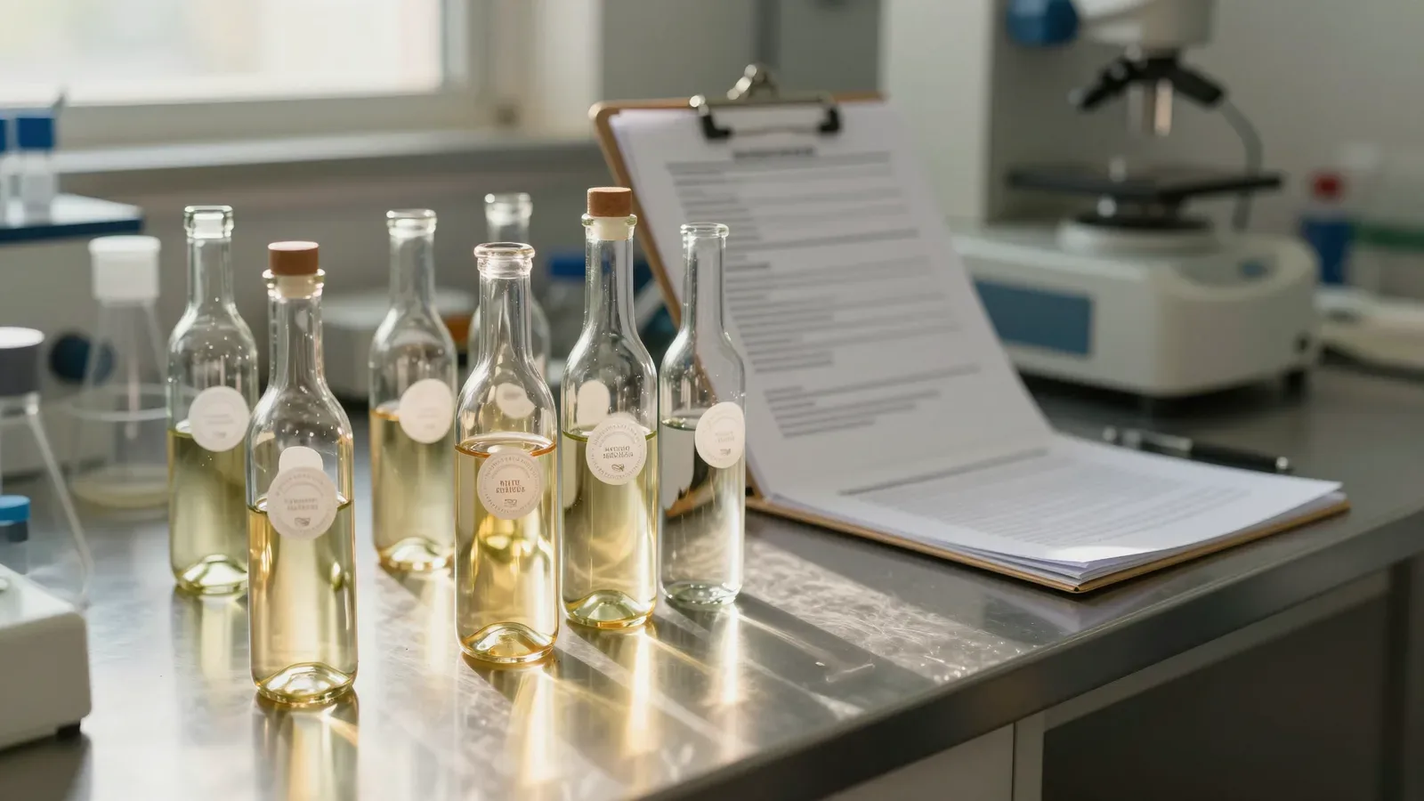 Botellas de vino blanco con etiquetas en blanco dispuestas en una mesa de laboratorio junto a documentos y equipos de análisis científico