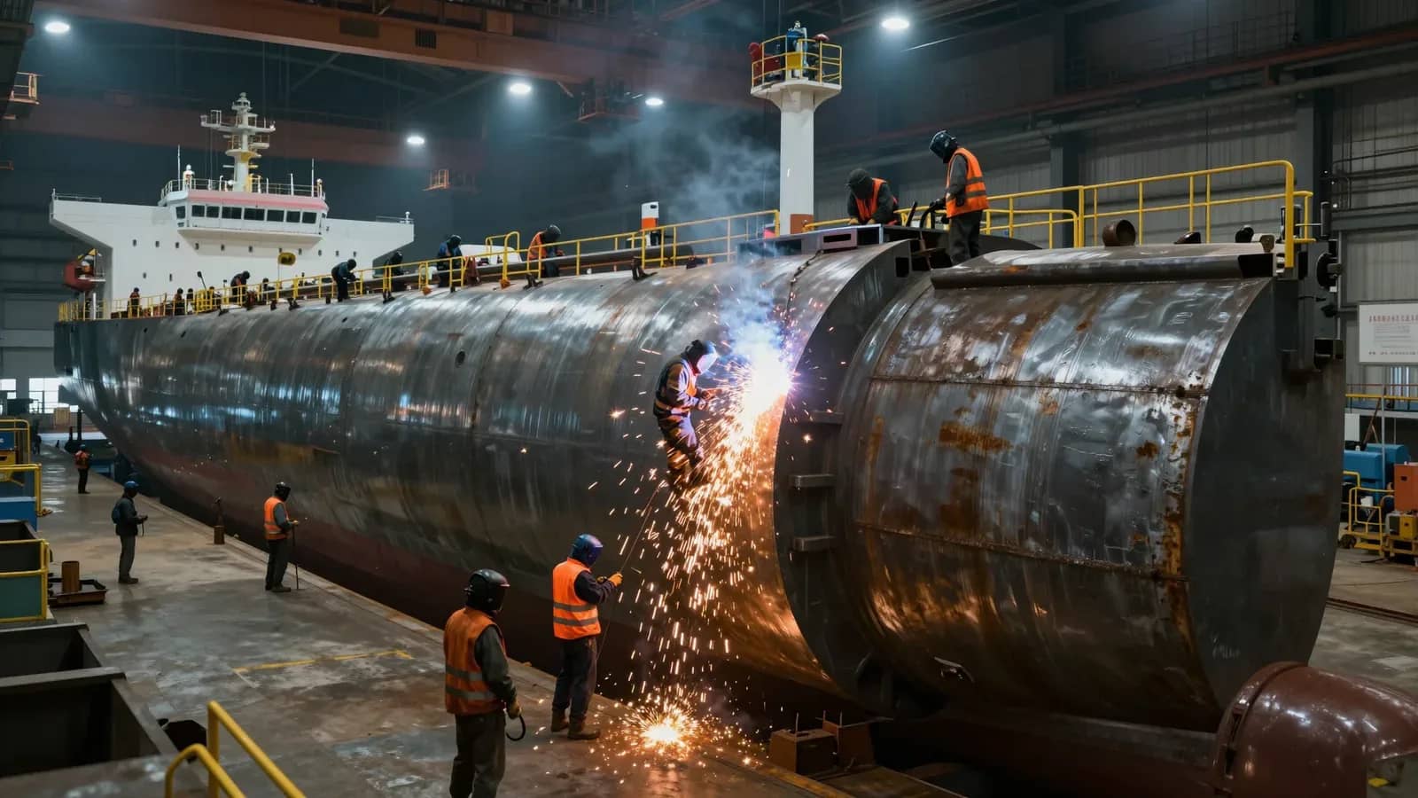 Trabajadores en un astillero construyen un gran tanque de buque gasero con chispas de soldadura visibles.