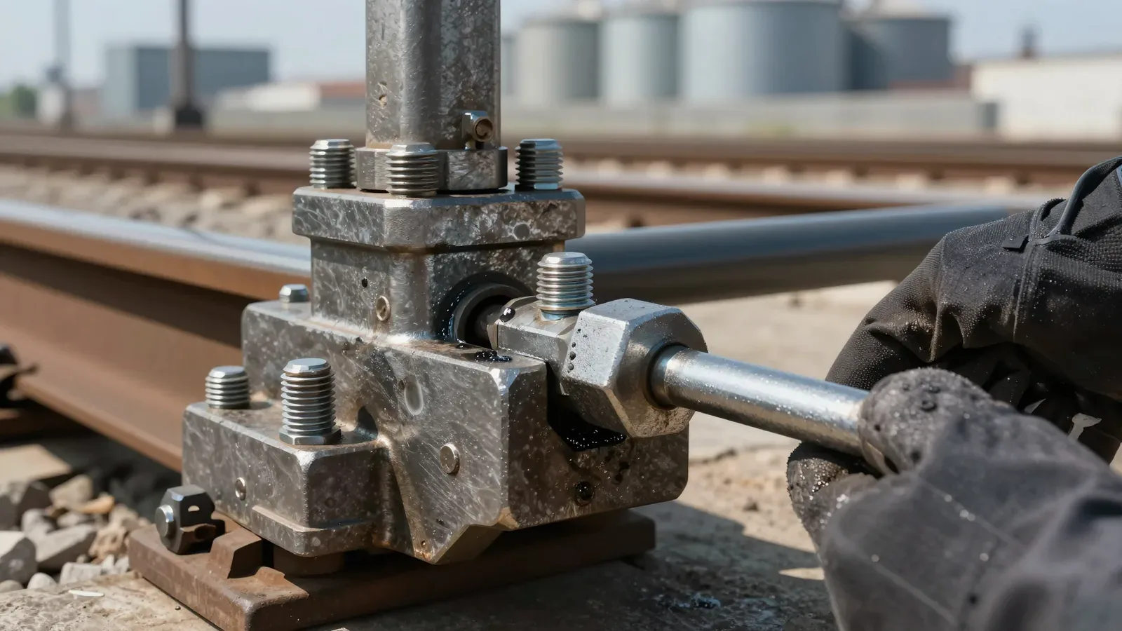 Trabajador ajusta mecanismo ferroviario con silos de grano en el fondo