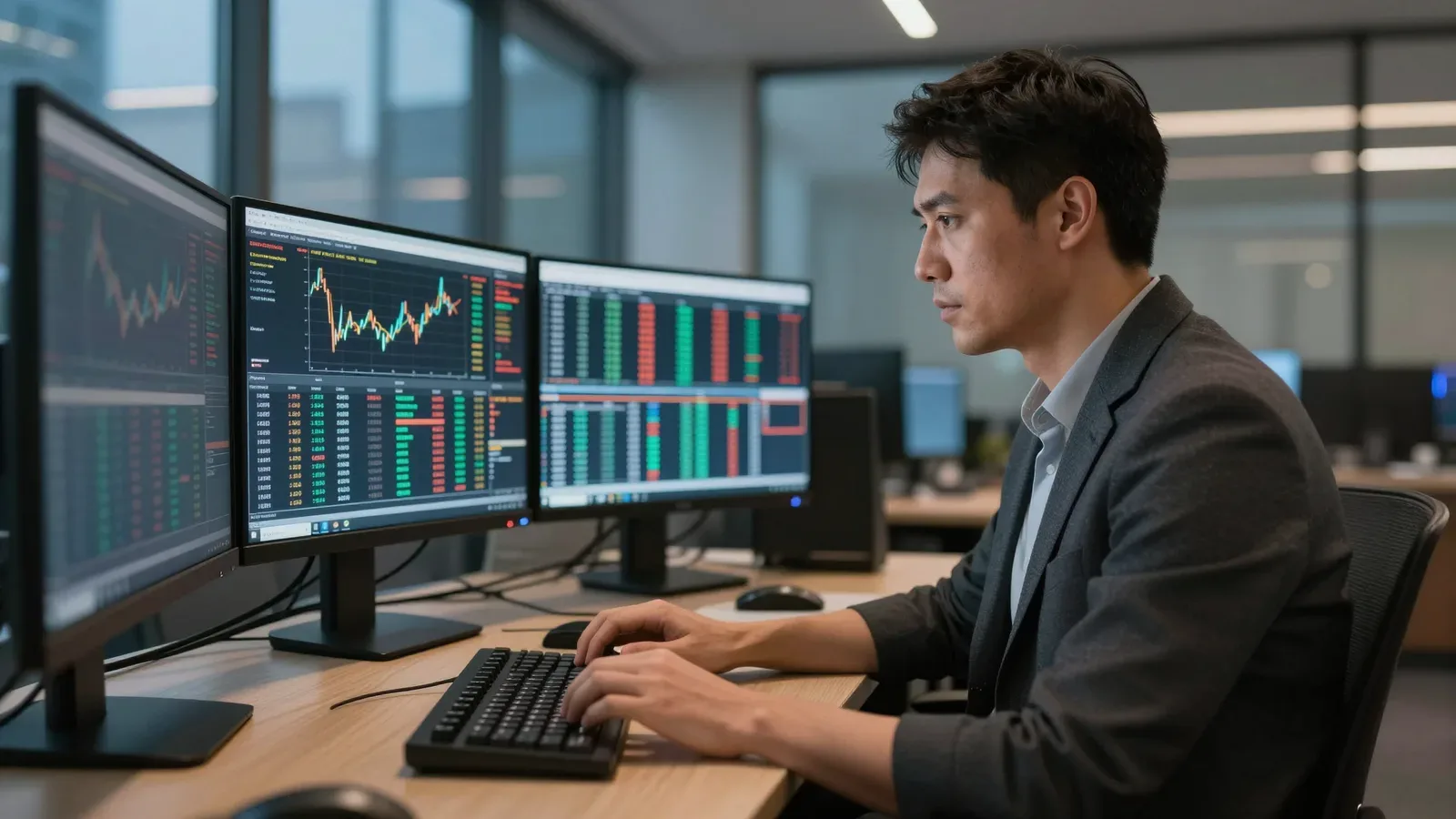 Un analista financiero trabaja frente a múltiples monitores que muestran gráficos de velas y datos de mercado en un entorno corporativo moderno.