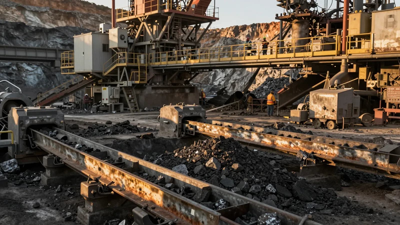 Operación de extracción minera con maquinaria industrial y vagones de mineral