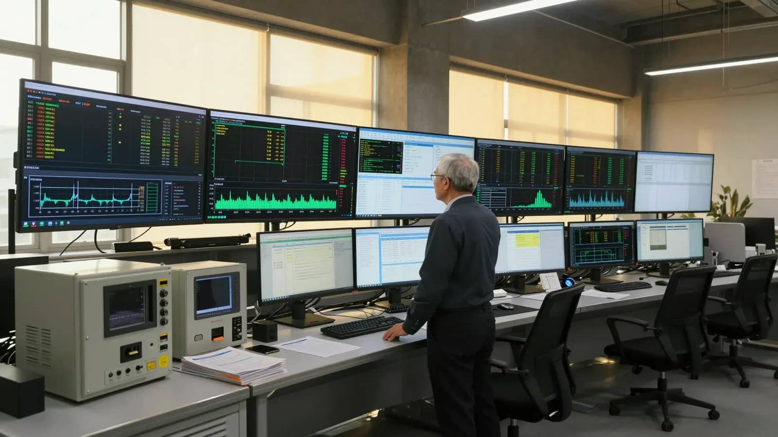 Profesional monitoreando múltiples pantallas con datos en tiempo real en centro de control