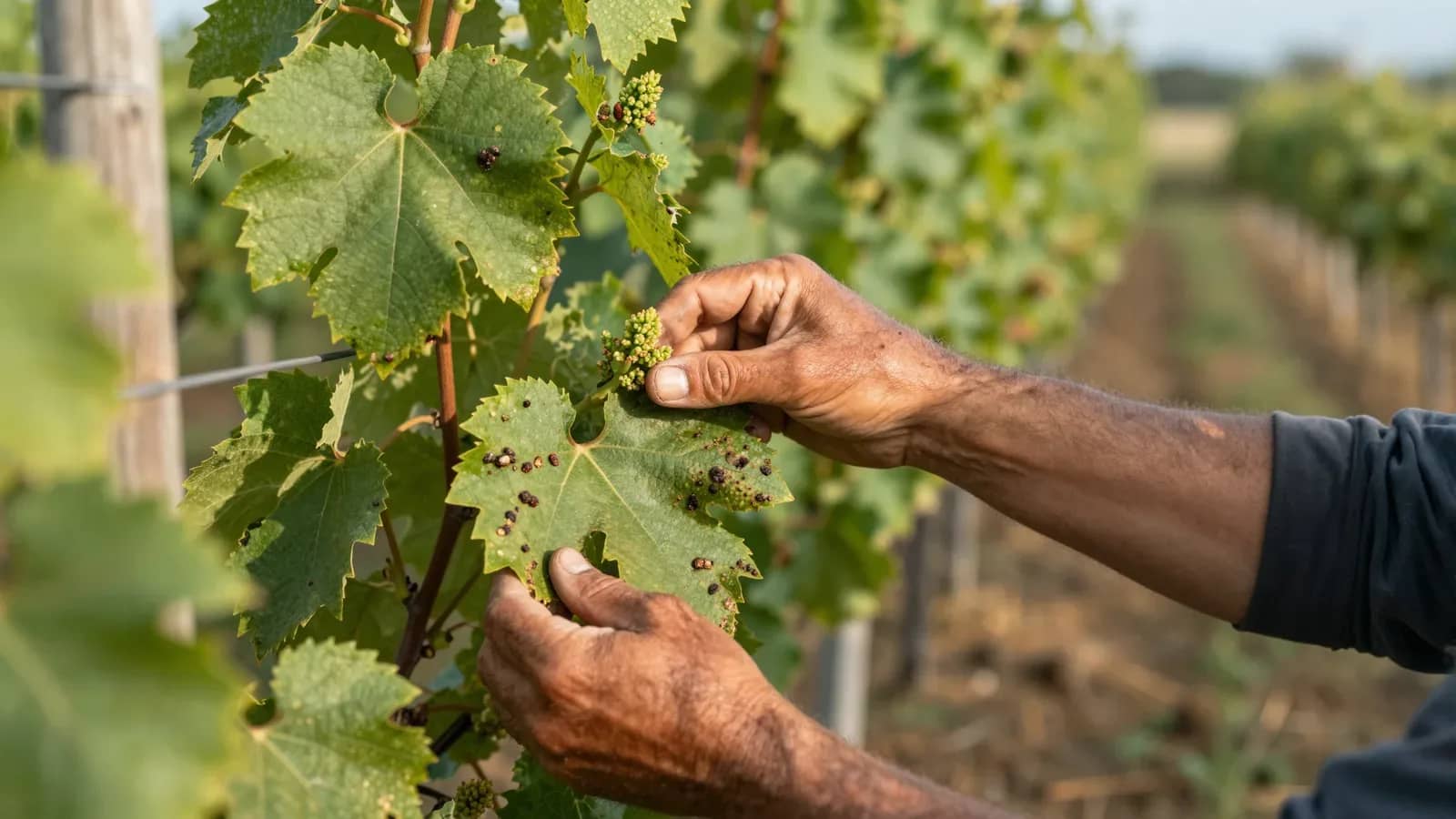 Manos de productor agrícola inspeccionando hojas de vid en viñedo con signos de daño por plaga