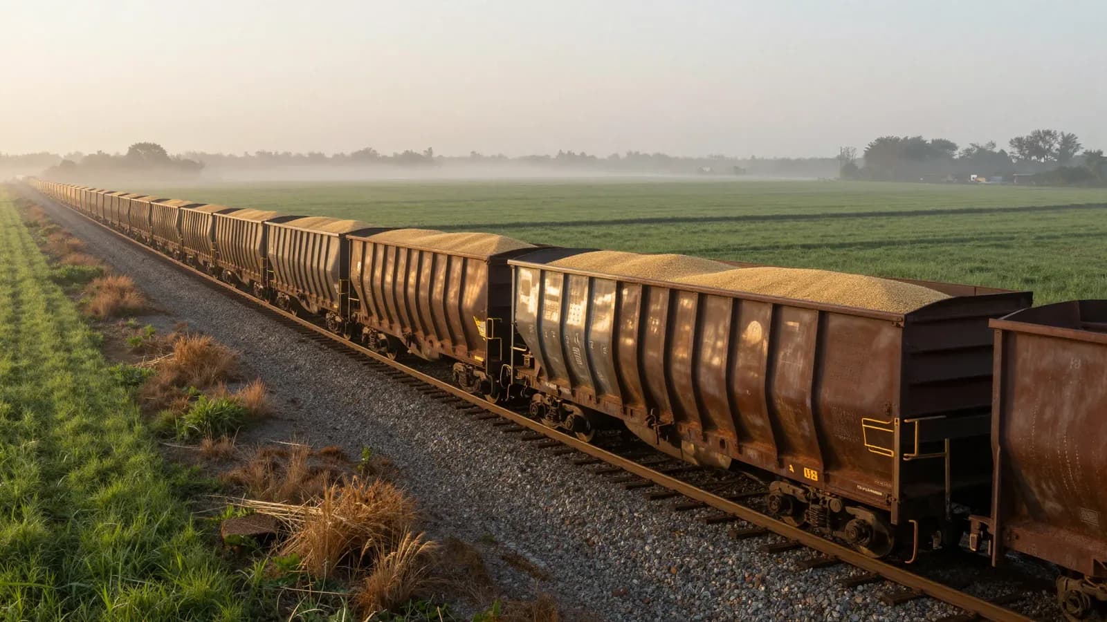 Tren de carga transportando grano a través de un campo verde durante el amanecer.
