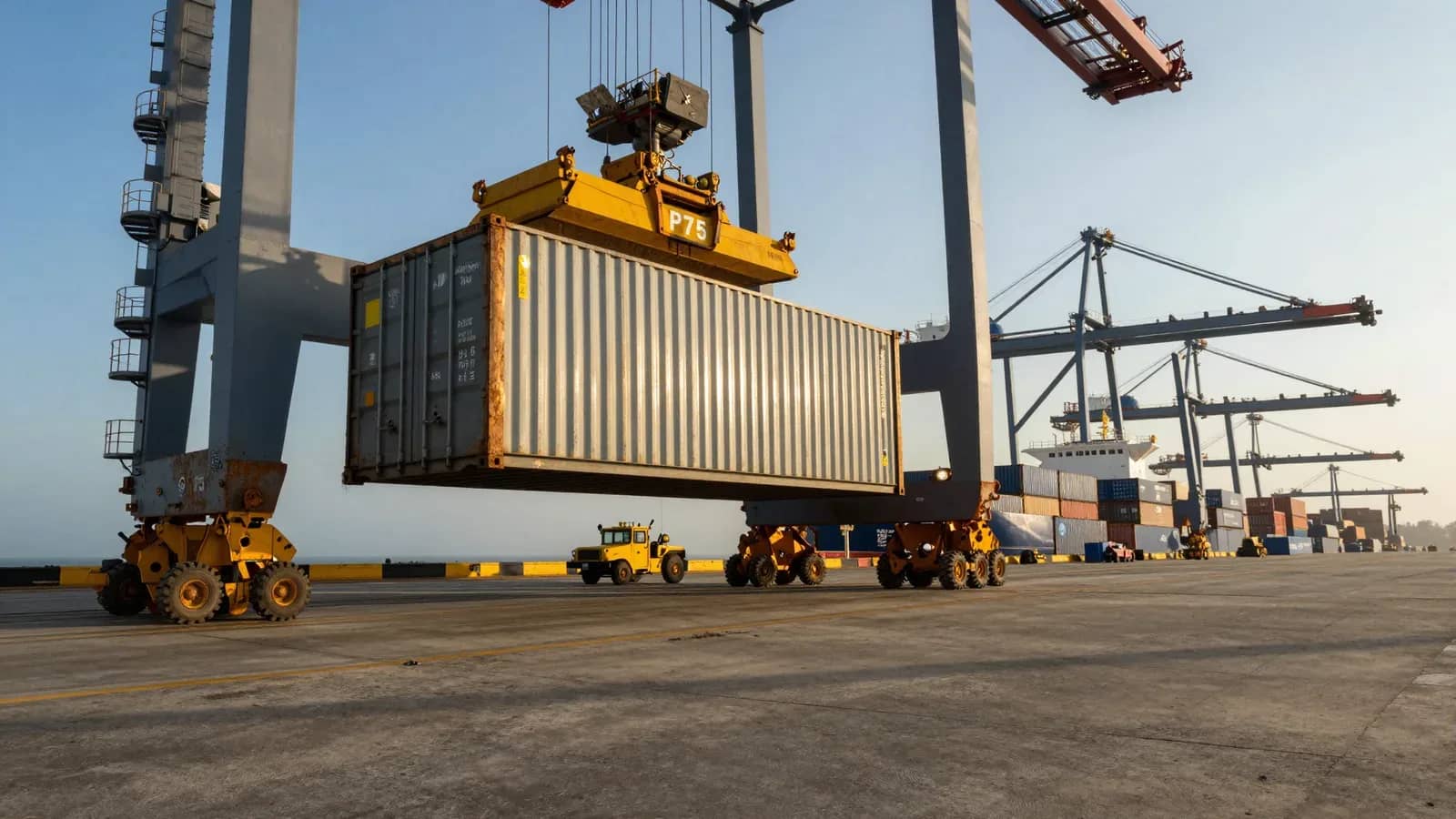 Grúa portuaria descargando un contenedor en muelle con otros equipos y embarcación al fondo.