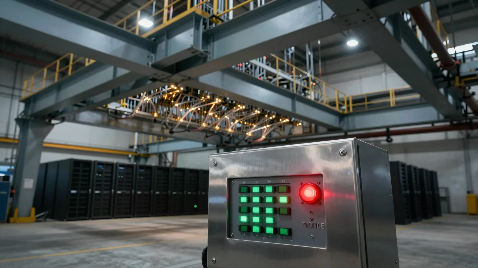 Panel de control con luces rojas y verdes en un centro de datos industrial.